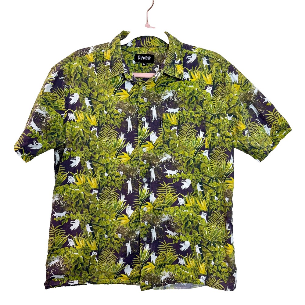 Ripndip Jungle Nerm Green Leaf and Cat‎ Print short sleeve Men's Shirt SZ Medium